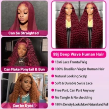 13x6 99j Burgundy Lace Front Wigs Human Hair 250 Density Deep Wave Lace Front Wigs Human Hair Pre Plucked Red Wine Curly Human Hair Wig 13x4 HD Frontal Glueless Colored Wet And Wavy Loose Water Wave For Women - S99J - 查看 7