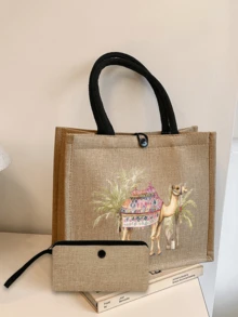 骆驼与棕榈树印花帆布手提袋，内含可重复使用的骆驼图案化妆包，充满节日氛围的温馨家居装饰，印有祝福语，伊斯兰礼物，开斋节礼物，斋月祝福，开斋节快乐，便携式单肩包，轻便旅行沙滩包 - 彩色 - 查看 7