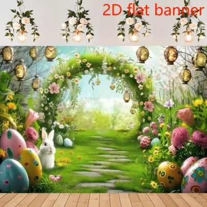 Banner phẳng 2D 1 cái, phông nền bánh kem vườn mùa xuân - Banner tiệc bằng polyester rực rỡ với vòm hoa và bánh kem Phục Sinh đầy màu sắc, hoàn hảo cho sinh nhật, đám cưới, lễ tốt nghiệp và trang trí trường mẫu giáo, không cần nguồn điện, trang trí sân vườn.