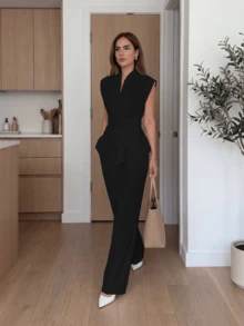 两件套优雅休闲通勤商务职场法式系带无袖背心上衣+宽松阔腿裤两件套西装，优雅女士套装，女士休闲套装，白色西装，白色裤子，白色上衣，女士夏季套装（黑色） - 黑色 - 查看 3