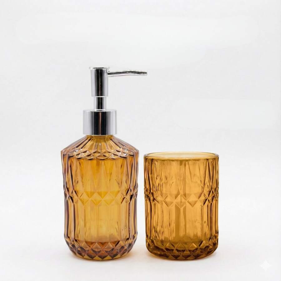Luxury Glass Bathroom Set 2 Pieces - Liquid Soap Dispenser + Cup | Diamond Aesthetic Design - Màu nâu  Mocha - Xem 1