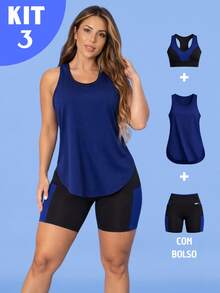 Kit Of 3: Women's Fitness Set - Top, Shorts, Pocket Tank Top, Dry Fit, Gym - Tarelles - Màu xanh hải quân - Xem 9