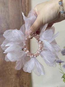 Fairy Tale Sheer Floral Petal & Pearl Beaded Hair Scrunchie, Floral Petal Hair Tie Ponytail Holder Hair Accessory For Spring/Summer - Multicolor - View 4