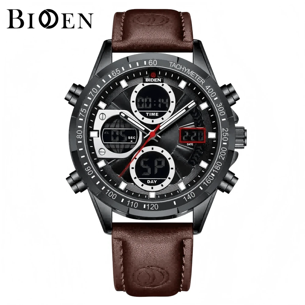 BIDEN 1件全新男士真皮运动防水石英腕表，男士计时表