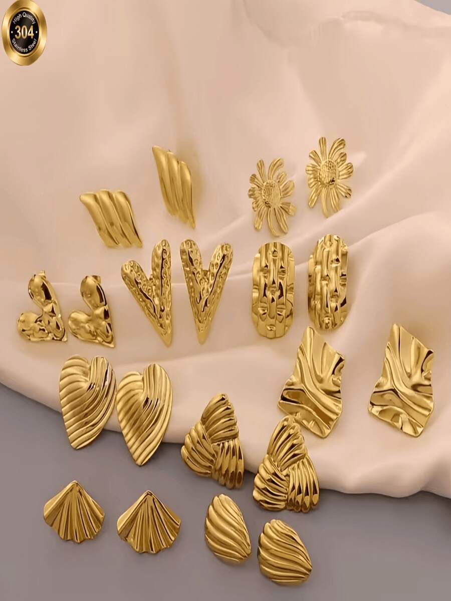 Random Selection: 1/3/6/8-Piece Stainless Steel Set Gold Scallop/Flower/Irregular Square Stud Earrings Multiple Styles To Mix And Match Freely Perfect Holiday Gift For Friends And Family - Gold - View 1