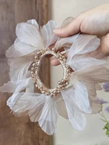 Fairy Tale Sheer Floral Petal & Pearl Beaded Hair Scrunchie, Floral Petal Hair Tie Ponytail Holder Hair Accessory For Spring/Summer - Multicolor - View 8