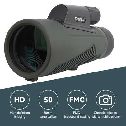 12x50mm IPX7 Waterproof High Power Monocular Telescope For Adults | Comes With Smartphone Adapter, Tripod, Travel Bag | For Bird Watching, Hunting, Hiking, Camping - Green