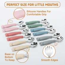 2 pezzi Set di posate in silicone e acciaio inossidabile 304 - Forchetta e cucchiaio a forma di cartone animato, facili da usare, regalo ideale per bambini, adatto per feste di bambini, compleanni o Natale - Multicolore - Visualizzare 8