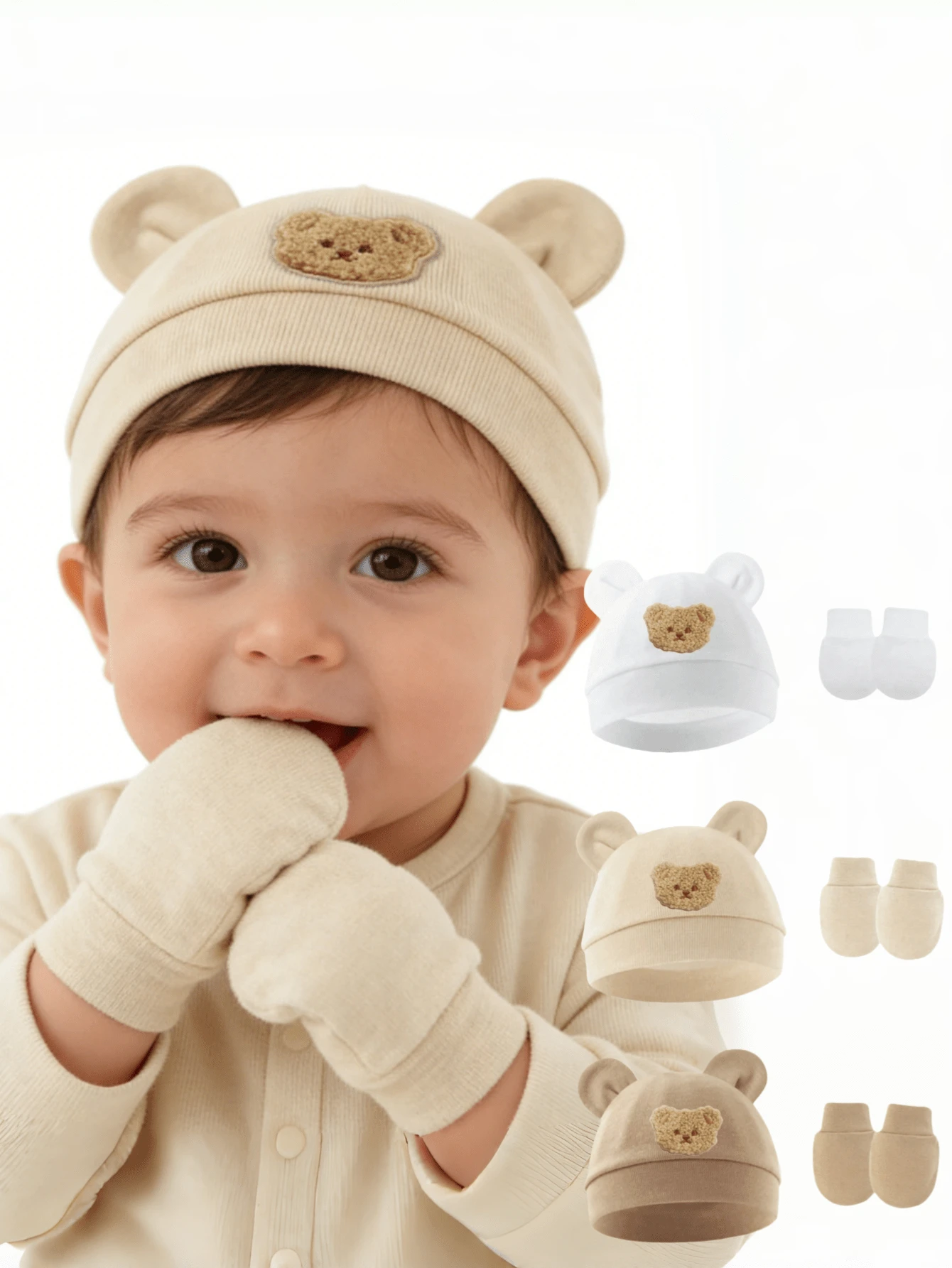 婴儿熊耳帽带防抓手套，婴儿针织帽，适合0-6个月婴儿 - 2pcs - 查看 1