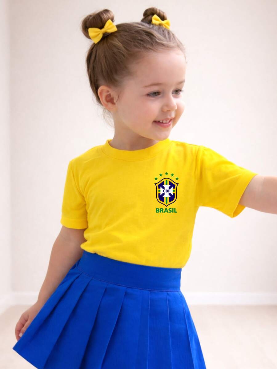 Camiseta Algodão Infantil Estampa Brasil Escudo 1002 Copa do Mundo Torcida Futebol Jogos Final Campeão Menina Escola - Amarelo - Visão 1