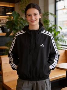 Adidas 女裝夾克/外套梭織連帽夾克W 3S WV WB JZ2162 - 黑色/白色 - 查看 1