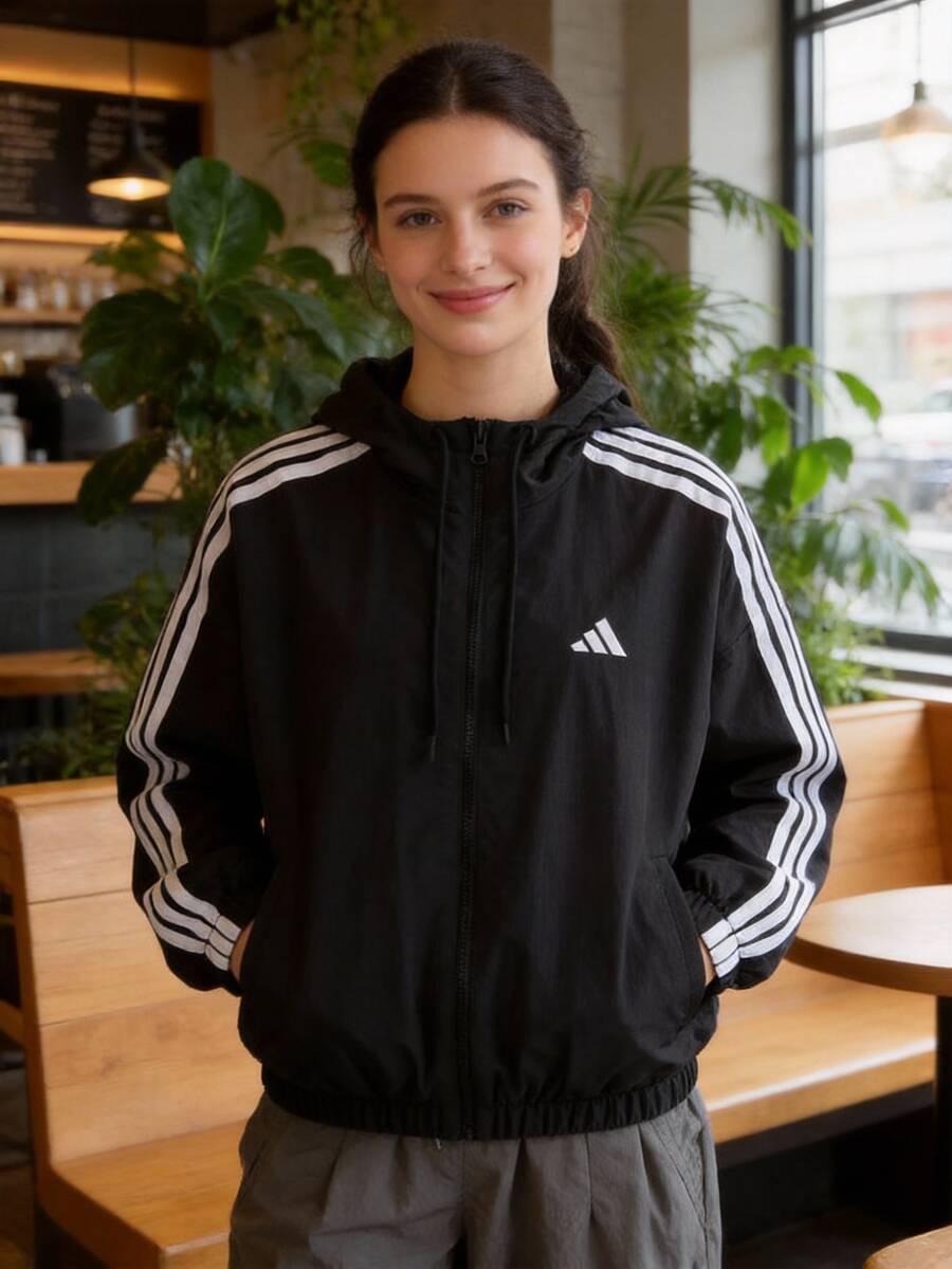 Adidas 女裝夾克/外套梭織連帽夾克W 3S WV WB JZ2162 - 黑色/白色 - 查看 1