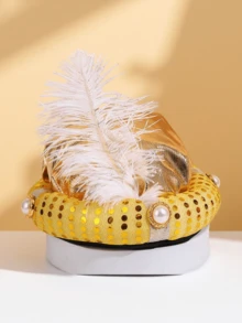 Ramadan Limited Edition! Arabic Style Gold Sequin Feather Hat, Unisex Party/Cosplay Headpiece - Gold - View 4