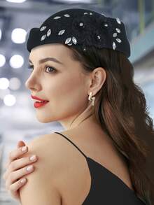 1顶复古欧美风仿羊毛时尚空姐帽，女士毛毡贝雷帽，带贴花，空姐帽 - 彩色 - 查看 9