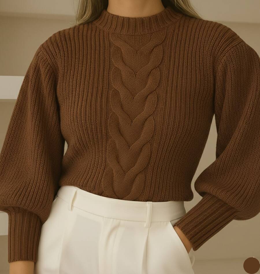Women's Blogger-Style Sweater With Braid 2025 Knit Sweater With Puff Sleeves - Óxido marrón - Ver 1