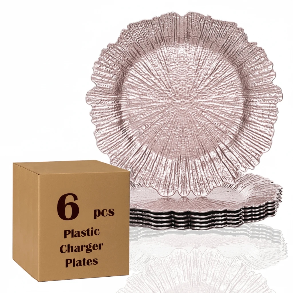 6/24pcs 13" Rose Gold Charger Plate, Floral Reef Charger For Dinning Plates, Table Setting And Wedding Party Table Decor. - Rose Gold - View 1