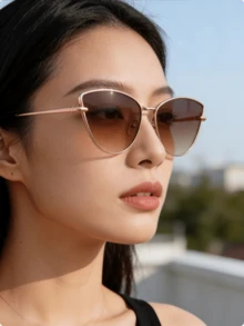1副金属猫眼装饰眼镜，新款欧美猫眼时尚眼镜，个性街头风时尚眼镜 - 金色 - 查看 5