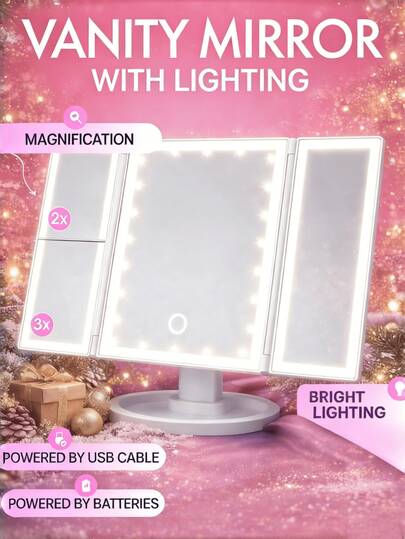 3-Fold LED Makeup Mirror, Lighted Vanity Mirror With 2X/3X Magnification, Portable High Definition Makeup Mirror With Brightness Adjustment, Folding Makeup Mirror With Stand And 3 Color Temperatures, Touch Control Makeup Mirror, Dual Power Supply, Multi-Functional Tabletop Makeup Mirror For Student, Travel, Makeup, Office, Bedroom, Best Gift For Women On Valentine's Day/Mother's Day