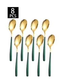 2/4/8pcs Stainless Steel Korean Style Dessert Spoons, Coffee Stirring Spoons, Ice Cream Spoons - Gold + Green - View 1