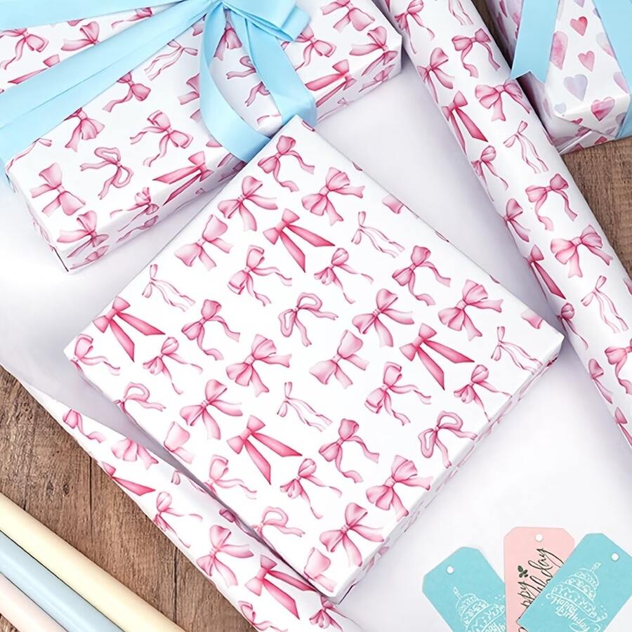 1卷大号粉色蝴蝶结爱心礼品包装纸 - 17英寸 x 118英寸（43厘米 x 300厘米），带有粉色蝴蝶结和爱心图案，优雅适用于派对和婚礼 - 彩色 - 查看 1