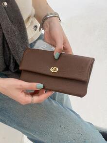 Short Women Wallet, High-Quality PU Leather, Clasp Design - Brown - View 2
