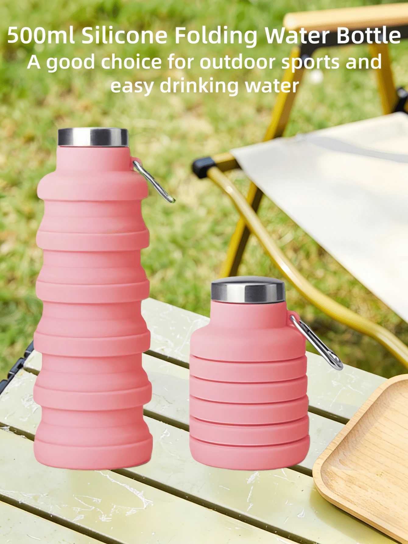 1pc 500ml Folding Water Bottle For Women Men Portable Sports Silicone Cup Reusable Drinking Bottle Outdoor Fitness Gym Travel Camping Hiking Trekking Office School Supplies - Pink - View 1