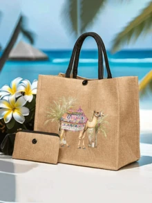 骆驼与棕榈树印花帆布手提袋，内含可重复使用的骆驼图案化妆包，充满节日氛围的温馨家居装饰，印有祝福语，伊斯兰礼物，开斋节礼物，斋月祝福，开斋节快乐，便携式单肩包，轻便旅行沙滩包 - 彩色 - 查看 3