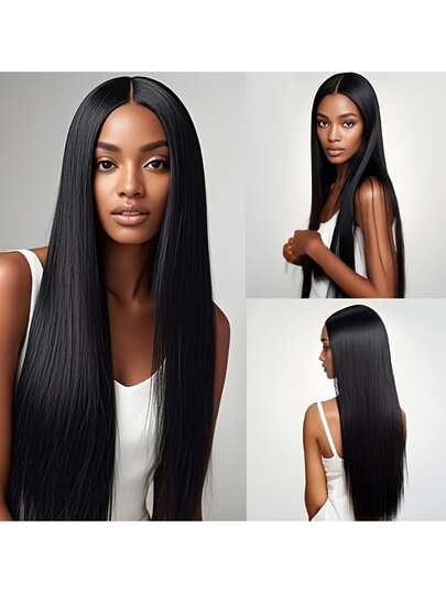 4*2 طقم شعر مستعار بشكل U مع دانتيل، أنيق بطول 26 بوصة، أسود طبيعي مستقيم، شعر صناعي للنساء - فرق متوسط، كثافة عالية، مقاوم للحرارة، مناسب للارتداء اليومي والحفلات، جودة عالية، مناسب للنساء