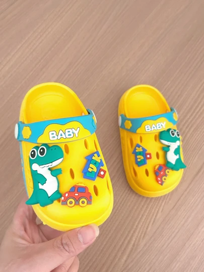 Kids' Cartoon Dinosaur Breathable Slide Sandals, Closed Toe Two-Way Wear, Lightweight Non-Slip Beach/Garden Shoes For Toddlers & Children