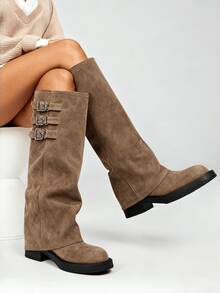 Fashion Womens Knee High Boots Round Toe Buckle Straps Slouchy Chunky Heel Boots Party Office Daily Outdoors Fall Winter Dressy Boots - 棕色絨面 - 查看 5