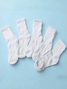 5 Pairs Unisex White/Grey/Black Ribbed Cuff Thick Socks, Soft Knit Fabric, Warm & Breathable, Comfortable Casual Mid-Calf Socks, Suitable For Daily Wear, Office Commute And Leisure Outings, A Perfect Gift For Valentine's Day For Your Loved One - White - View 1