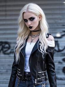 clouder Gothic Punk Beige Long Wavy Curl Wig 26-Inch Center-Parted Bangs Heat-Resistant Synthetic Fiber Wig Women's Soft Voluminous Curls Suitable For Daily Cosplay, Street Style, Holiday Parties, Music Festivals, Y2K Aesthetic, Avant-Garde College Style, Modern Fashion Punk Looks - 米色 - 查看 2