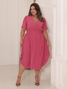 Women's Casual Midi Wrap Dress, Plus Size, Elegant, Loose Fit, Godet Sleeves, Discreet Side Slit - 玫瑰玫瑰 - 查看 3