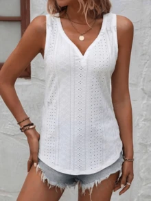 Women's V-Neck Blouse With Decorative Buttons And Openwork Fabric Detail. Casual And Elegant. - TRẮNG - Xem 1