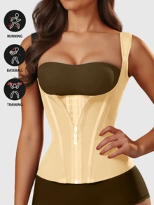 1 Stück einfarbiger, extrem enger Bauch formender BH, versteckt Oberarmfett, tiefer U-förmiger Büstenhalter, verstellbare Knöpfe, schlankmachendes Shapewear - Aprikosenfarben - Übersicht 2