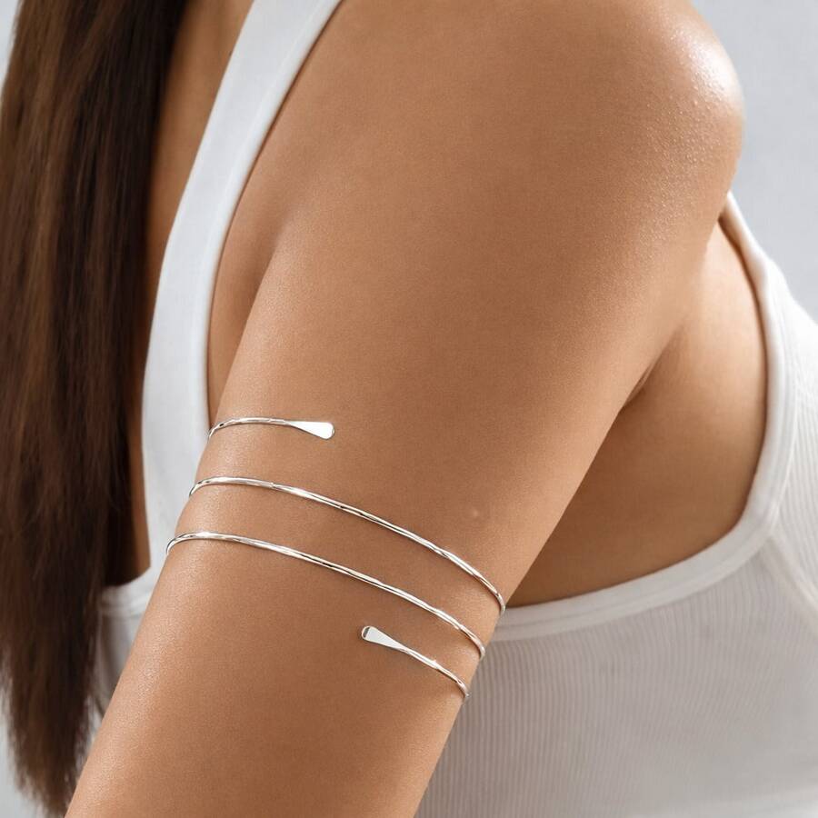 Women's Adjustable Arm Bracelet, Minimalist Style, Wrapped, Modern And Elegant Design For Summer And Party Looks - Plateado - Ver 1