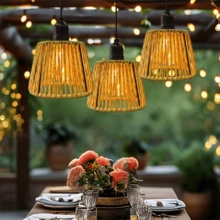 1个仿藤编织吊灯，波西米亚风格手工编织藤条吊灯罩，带定时器，电池供电，适用于卧室天花板、落地灯、台灯、厨房岛台、客厅、餐厅或卧室 - 電池盒 - 查看 1
