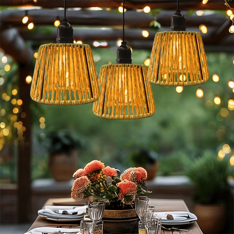 1个仿藤编织吊灯，波西米亚风格手工编织藤条吊灯罩，带定时器，电池供电，适用于卧室天花板、落地灯、台灯、厨房岛台、客厅、餐厅或卧室 - 電池盒 - 查看 1