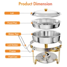5QT 4 Packs Chafing Dish Buffet Set Gold Accent,  Round 316 Stainless Steel Buffet Warmer Chafers And Warmers Sets With Glass Lid & Lid Holder For Valentine's Day Gatherings Catering Events Parties Weddings Dinners - 半鍍金鋼蓋帶梅花夾 - 查看 9