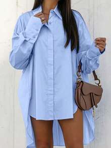 Oversized Loose Fit Long Sleeve Shirt For Women, Casual Blue Blouse With Front Short Back Long Design, Spring/Summer - Blue - View 2