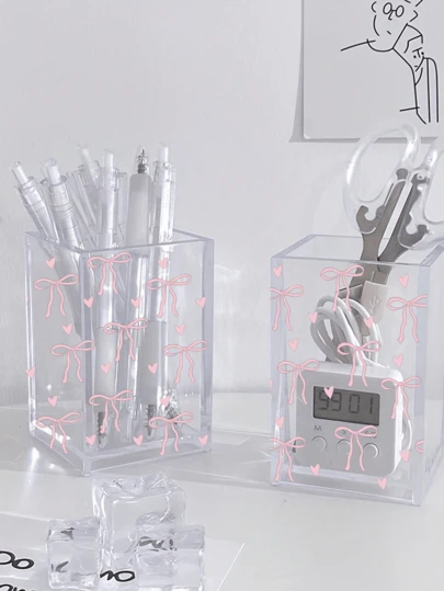 Transparent Acrylic Square Pen Holder With Bow Decor, Minimalist Style Transparent Pen Cup Stationery Set, Suitable For DIY Stickers, Great For School, Home, Office Use, Ideal For Students And Professionals, Desktop Storage For Pens And More