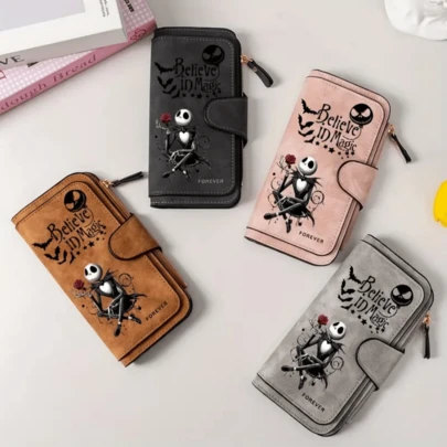  1pc Disney Vintage Jack Skellington Design Anti-Theft Long Wallet, Zipper Wallet, 2D Printing, Durable PU Material, Suitable For Valentine's Day, Mother's Day, Birthday Gift, For Men And Women