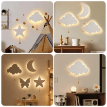 1 st flytande molnvägglampa, batteridriven LED-nattlampa, varmvitt ljus med utdragbar strömbrytare, stjärn-, måne- och fjärilsmönster, lämplig för barnrum, barnrum, babyfest, konstnärlig tecknad molnlampa, ingen kontakt krävs, presentkreativitet, barnrum, sovrumslampa (exklusive batteri) - Batteriversion - Visa 10