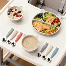 2 pezzi Set di posate in silicone e acciaio inossidabile 304 - Forchetta e cucchiaio a forma di cartone animato, facili da usare, regalo ideale per bambini, adatto per feste di bambini, compleanni o Natale - Multicolore - Visualizzare 6