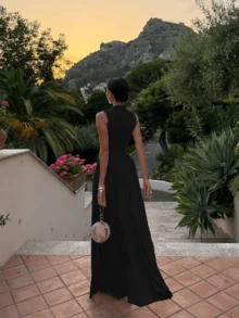 纯色优雅法式时尚圆领无袖褶皱腰身修身迷你鸡尾酒连衣裙，女士夏季连衣裙，女士优雅连衣裙，女士休闲连衣裙，黑色 - 黑色 - 查看 5