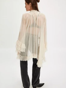 Women Ruffle Sheer Top Long Sleeve Bow Tie Design See Through Mesh Blouse Tops Oversized Flowy Chiffon Tunic Shirts - Ngà voi - Xem 2