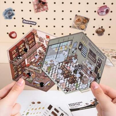 1 pieza Pegatina de escena en miniatura 3D de paisaje de dibujos animados Escena de casa en miniatura en capas Collage para scrapbooking Regalo lindo para Navidad, cumpleaños (El empaque puede variar según el lote)