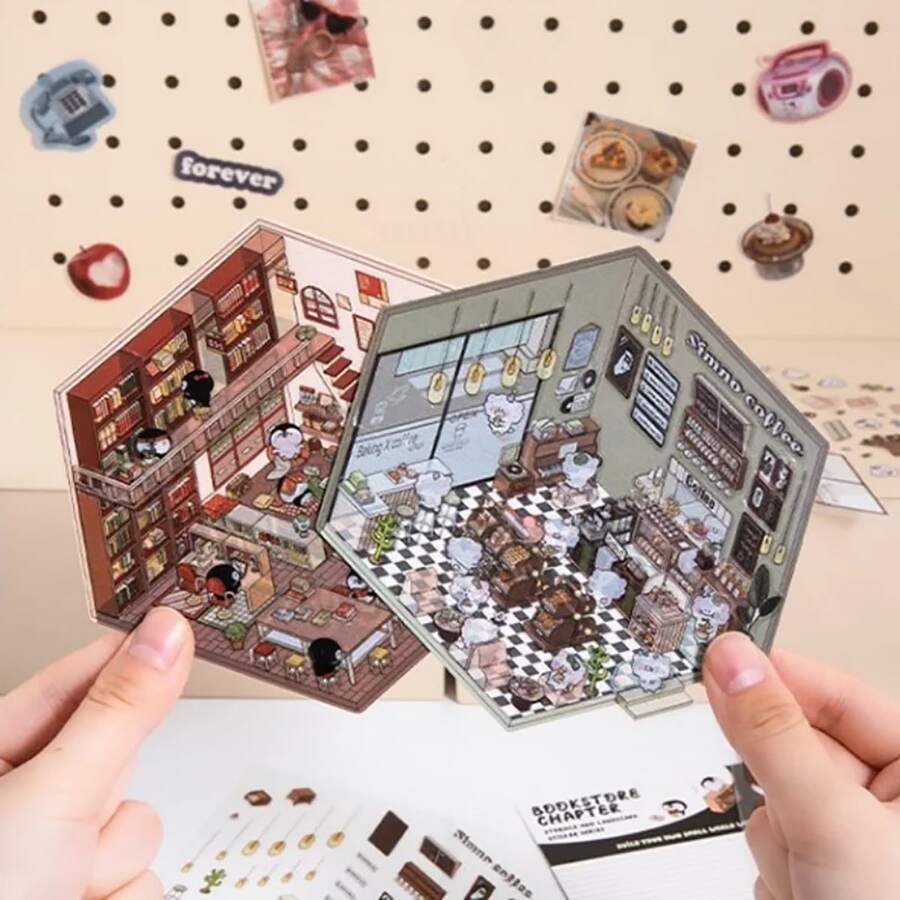 1张卡通迷你场景3D风景贴纸 DIY微缩房屋场景分层拼贴剪贴簿可爱礼物 圣诞节、生日（包装可能因批次而异） - 六邊形 - 查看 1