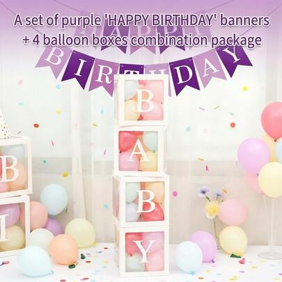 4 Pcs Transparent Balloon Boxes + Purple Happy Birthday Banner Set | Eye-Catching BABY Letter Blocks For Birthday Party Decor | Perfect For Baby Shower, Gender Reveal, Wedding & Bachelorette | Reusable Photo Backdrop Props | Easy To Assemble