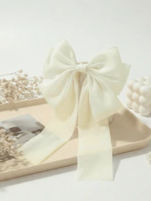 1个超大白色薄纱蝴蝶结发夹，适合女士和女孩，超大号尾巴蝴蝶结发夹，优雅的透明丝带发饰，可爱的芭蕾舞风格发饰，适合斋月、情人节、日常佩戴、婚礼、新娘造型。 - 白色 - 查看 4